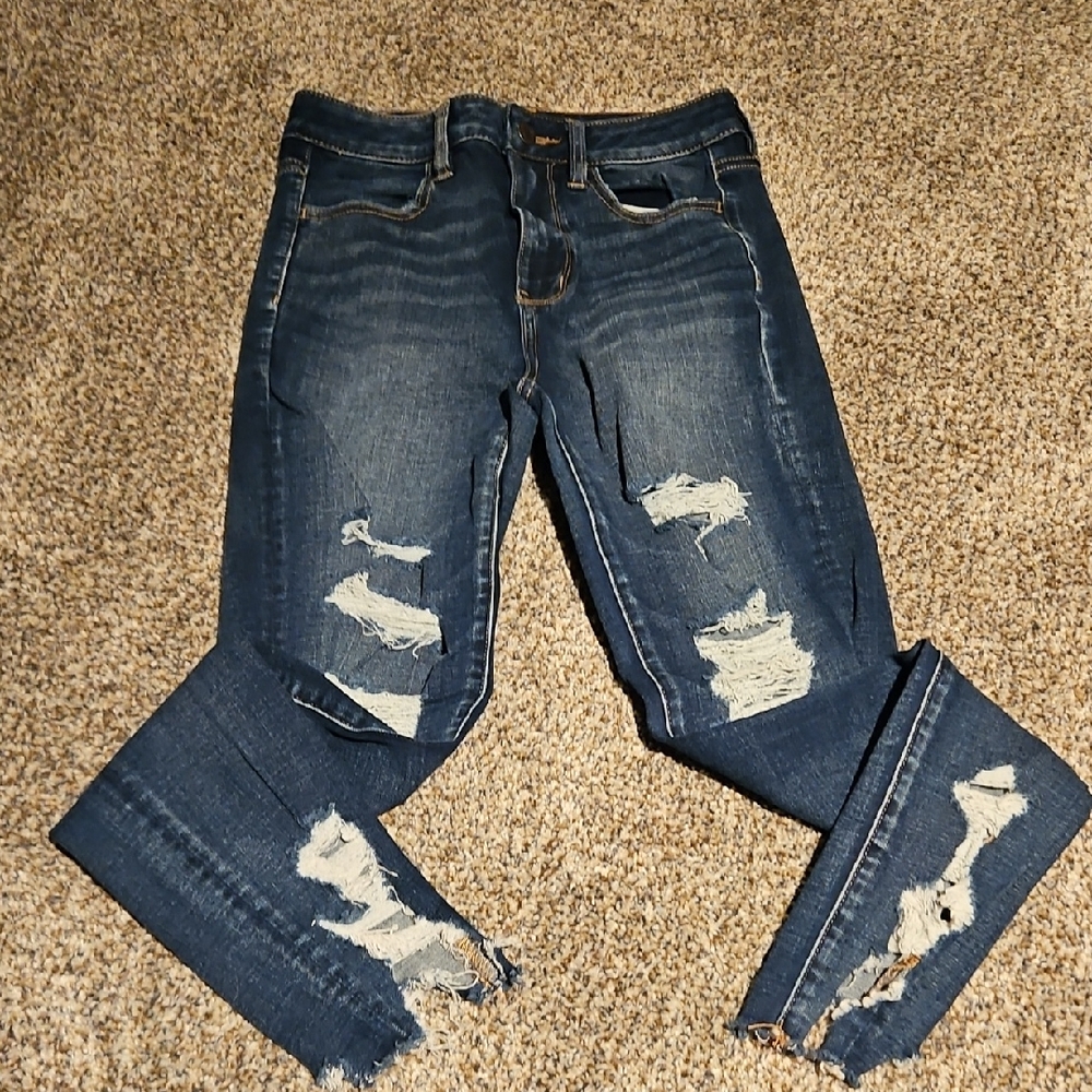American Eagle Outfitters Super Hi-Rise Jeggings Rip/Distressed Dark Blue Jeans